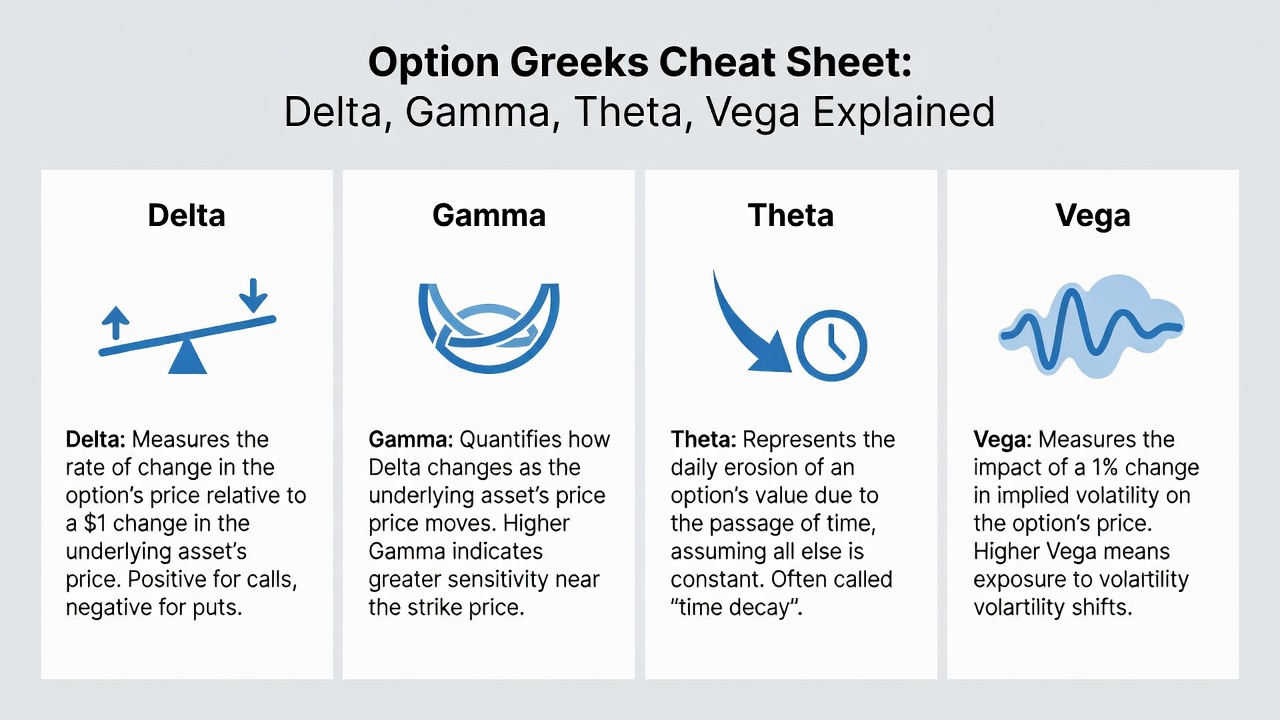 Option Greeks Cheat Sheet: Delta, Gamma, Theta, Vega Explained